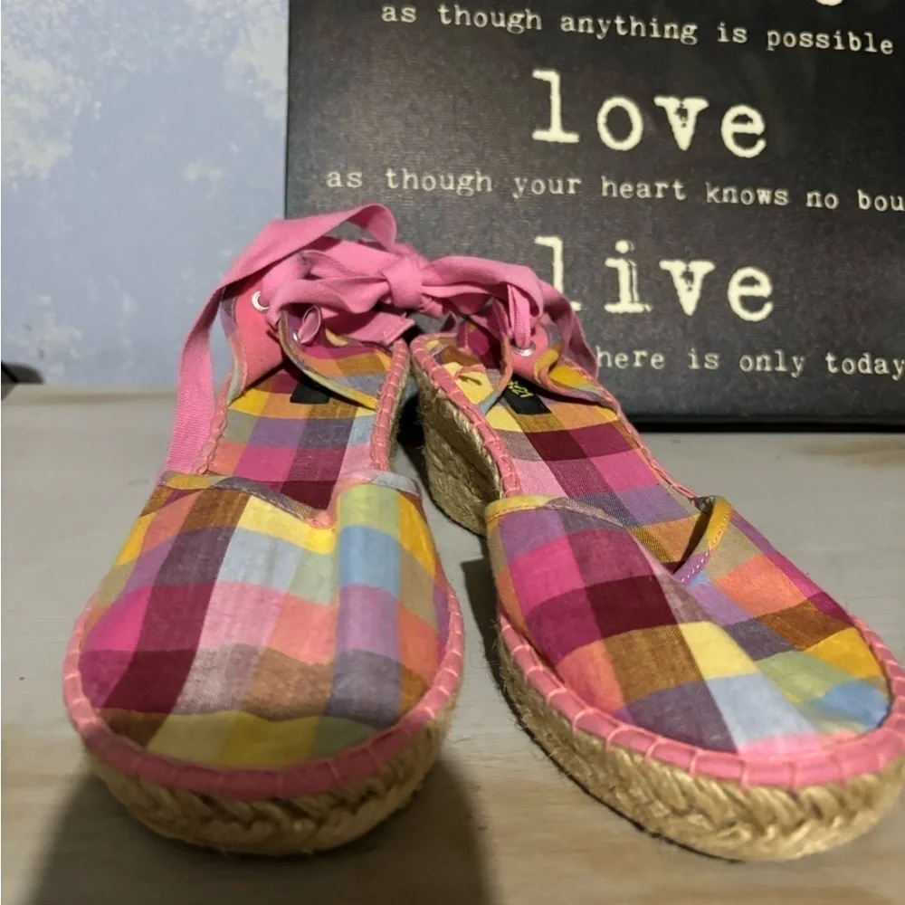🩷Free🩷Pink plaid wedge sandals lace up leg size 8 - Picture 4 of 8